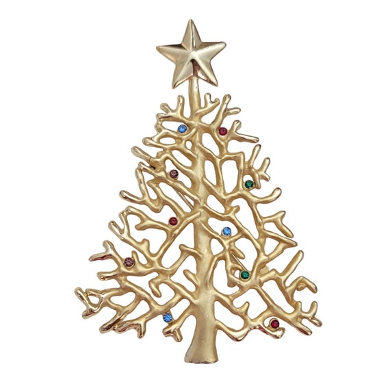 Gold Tone Multi Color Statement Rhinestone Christmas Tree Brooch E873