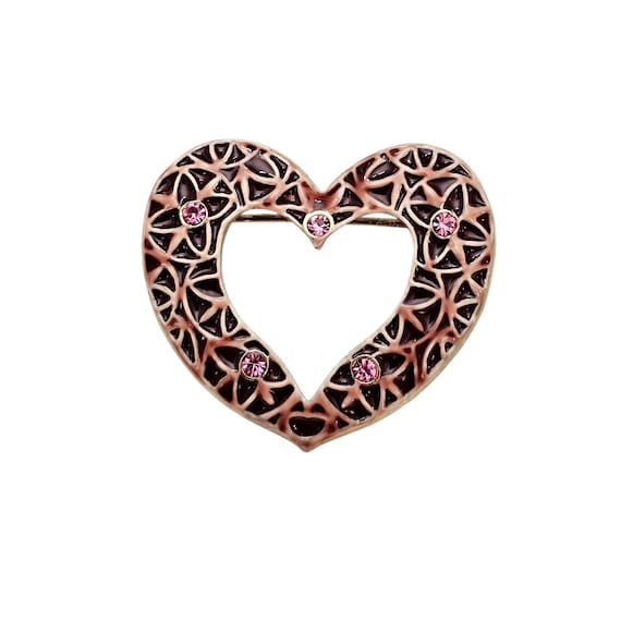 Pink Plique-à-Jour Style Heart Brooch Rhinestone Open Pin C826