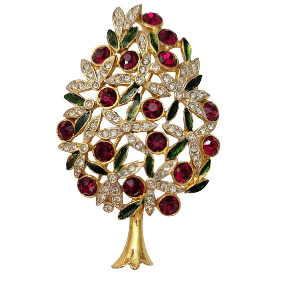 Sphinx Gold Tone Green Enamel Red, Clear Rhinestone Christmas Tree Brooch E749