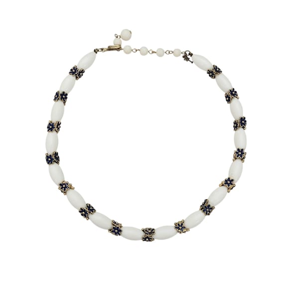 Trifari Vintage White Lucite Blue Enamel Flower Beads Choker Necklace, Signed