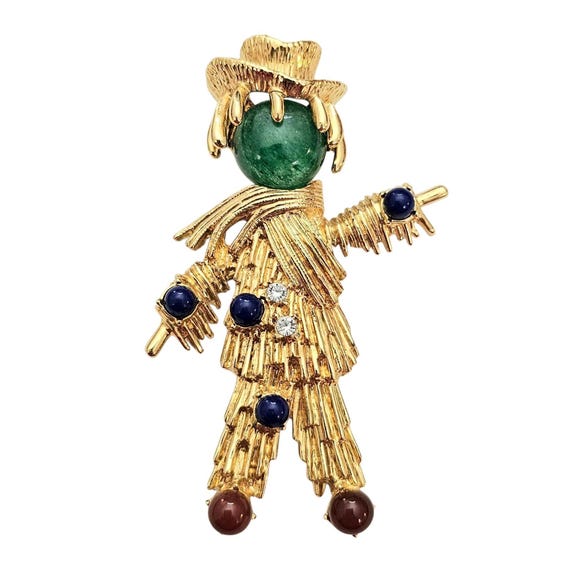 JBK Jackie Kennedy Scarecrow Brooch Green Glass Cab Face Red Blue Cab Pin Signed