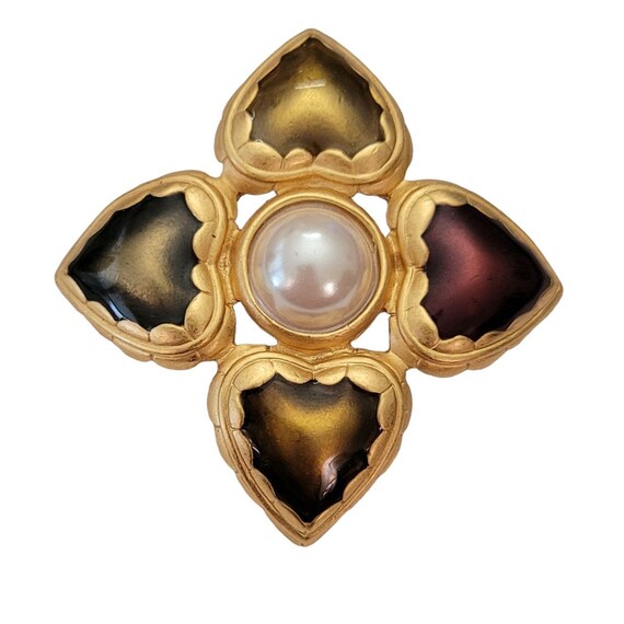 Anne Klein Matte Gold Tone Heart Enamel Faux Pearl Maltese Cross Brooch, E991
