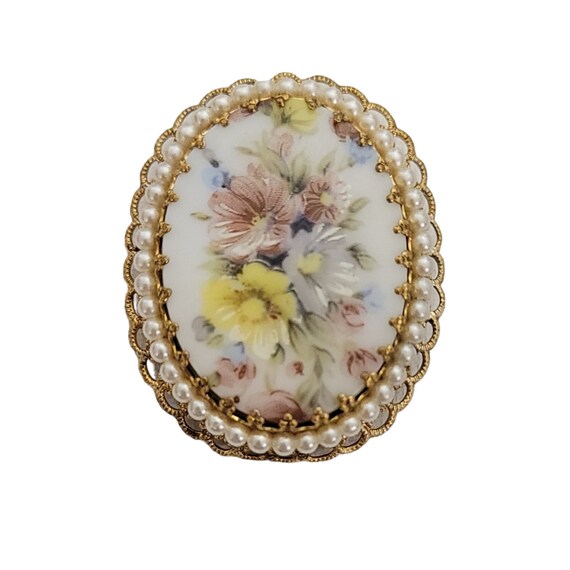 Gold Tone W. Germany Painted Flower Faux Pearl Oval Brooch, Signed K657