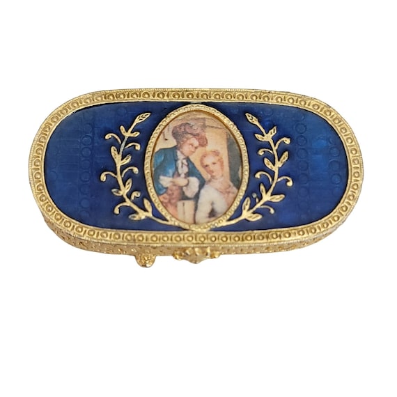 Estee Vintage Blue Enamel Gold Tone Oval Ornate Parfum Glace Holder Box, M277