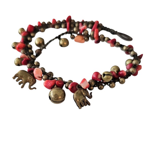 Brass Bells Elephant Charm, Coral Beads Foot Chain Anklet Bracelet