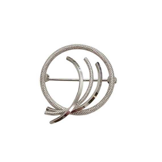 V.O. Sterling Silver Round Brooch Modernist Plume Textured Pin Signed