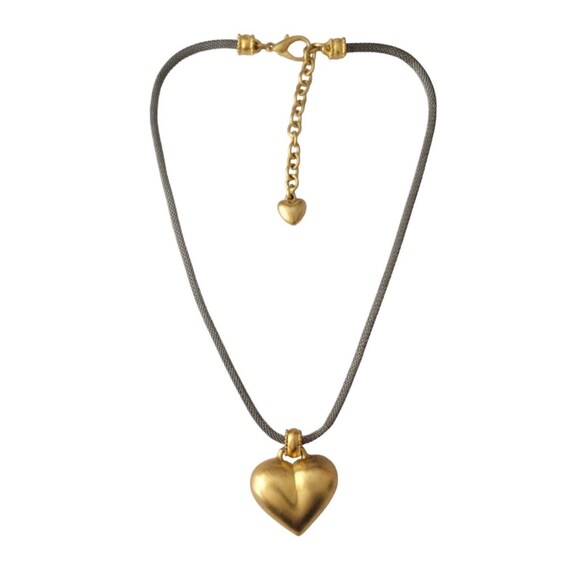 Linda Dano Matte Gold Tone Heart Mesh Silver Tone Chain Necklace, Signed E480
