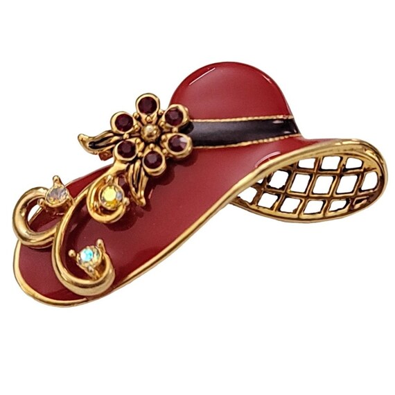 Red Enamel Red AB Rhinestone Gold Tone Wide Brim Hat Brooch K770