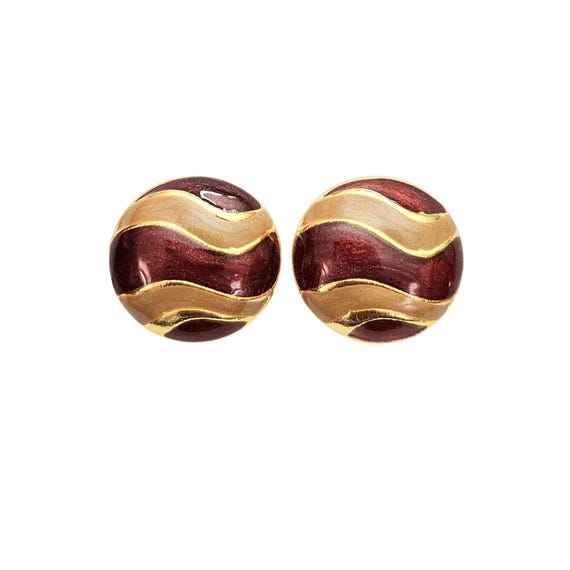 Gold Tone Red Pearly Swirl Clip On Round Earrings C731