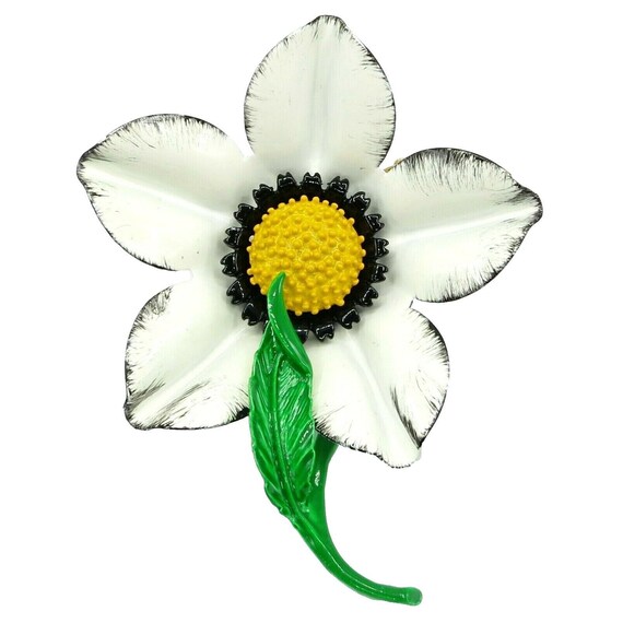 MOD Flower Brooch, White Black, Green Stem Leaf, Yellow Center Large Pin N209