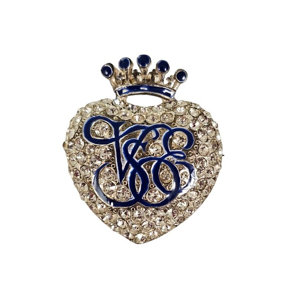 Orient Express Crown Heart Clear Rhinestone Blue Enamel Brooch Pin L234