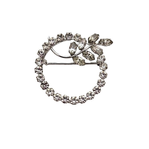 Sterling Silver Prong Set Clear Rhinestone Open Round Leaf Brooch Pin L400
