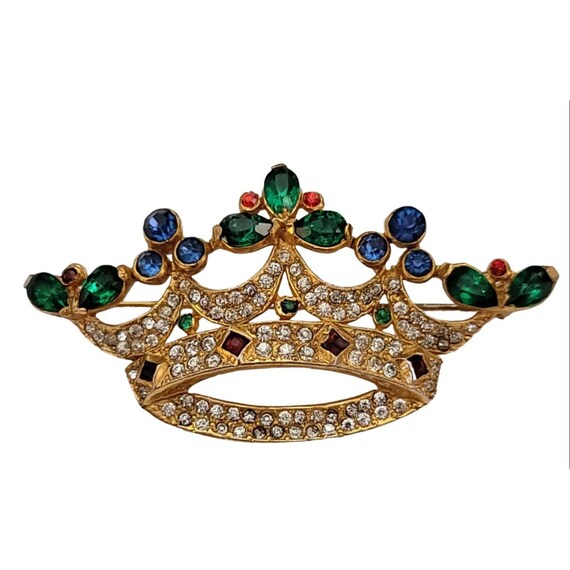 Gold Tone Blue Green Red Rhinestone Crown Vintage… - image 9
