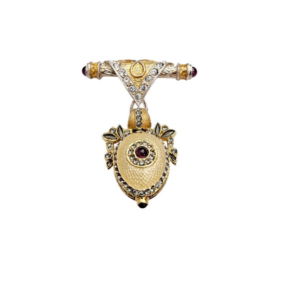 Sterling Red Stone Egg Charm Brooch, Gold Enamel Rhinestone Pin J378