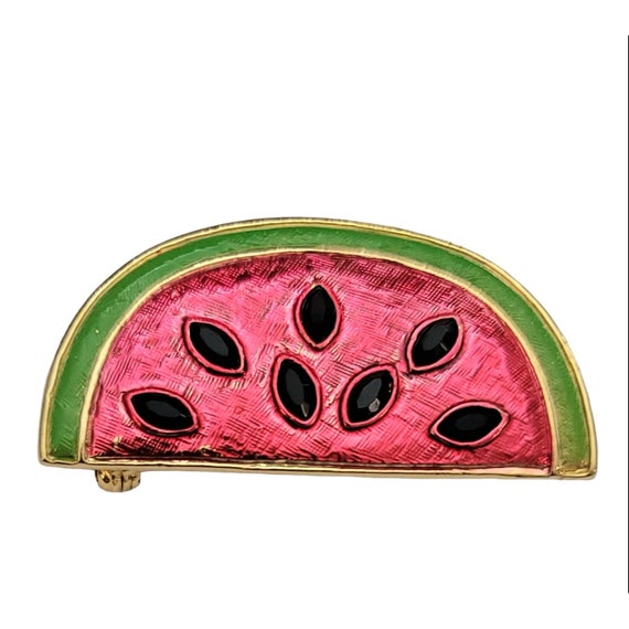 Pink Green Enamel Black Rhinestone Watermelon Fruit Brooch, Signed MOD K704