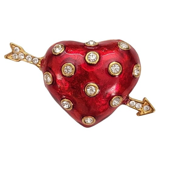 Clear Rhinestone Red Enamel Cupids Arrow Heart Brooch Pin E158