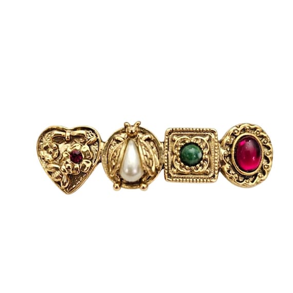 1928 Brand Heart, Bug Oval Charm Red Cab Faux Pearl Bar Brooch Vintage Pin J888
