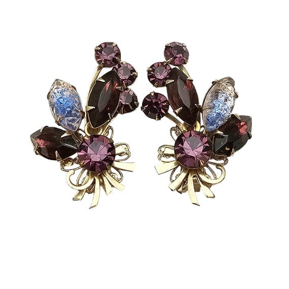 Purple Rhinestone Clip On Flower Cluster Lava Stone Earrings C771