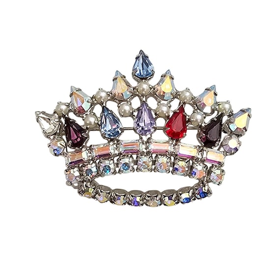 B. David Crown Brooch Faux Pearl AB Rhinestone Pin Signed C989