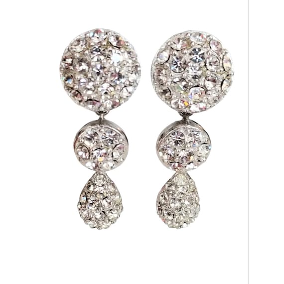 Christian Dior Silver Tone Clear Crystal Circle Dangle Clip On Earrings, Signed M596
