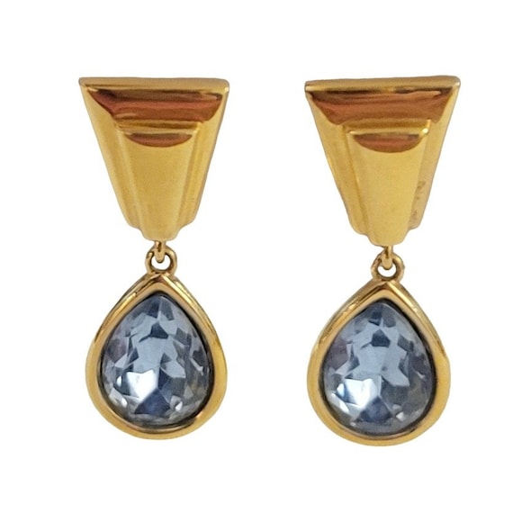 Monet Vintage Gold Tone Blue Faceted Rhinestone Pear Dangle Post Earrings, Signed K913