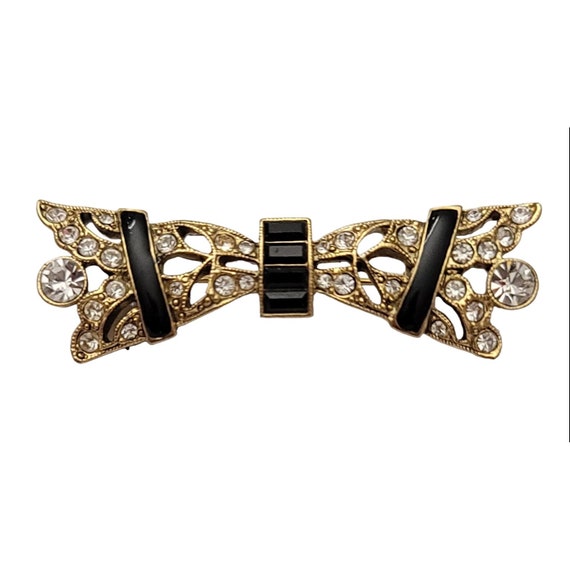 1928 Brand Black Baguette Enamel Clear Rhinestone Bar Brooch Pin K324