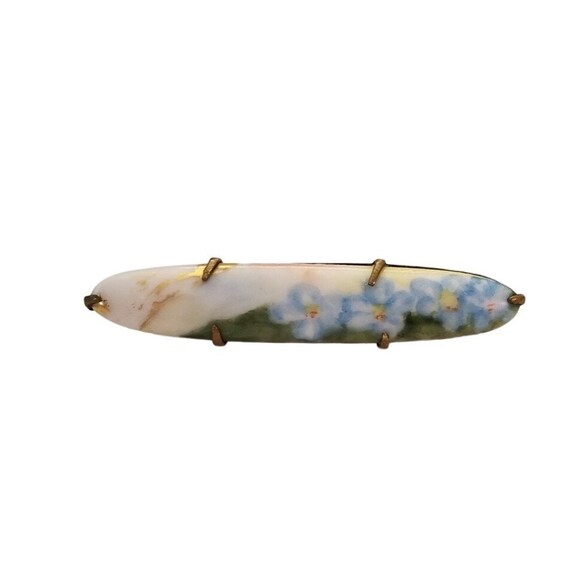 Blue Flower Oval Victorian Style Porcelain Bar Pin Brooch L55