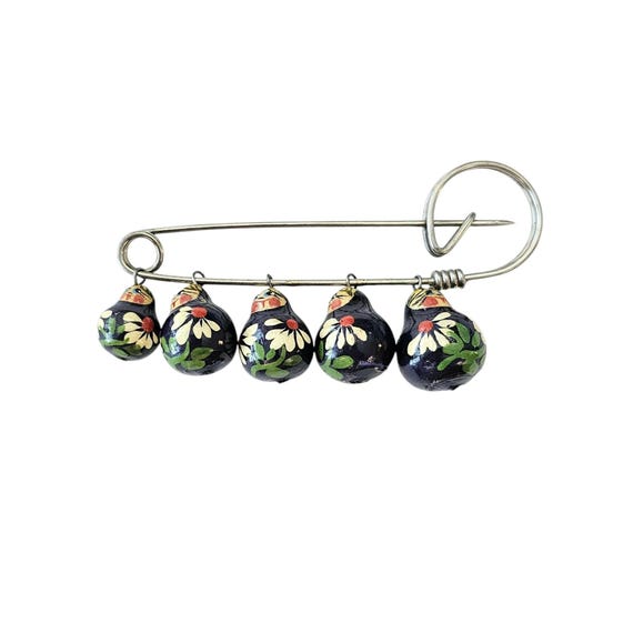 Blue Russian Doll Brooch Five Dangles Bar Pin, J28