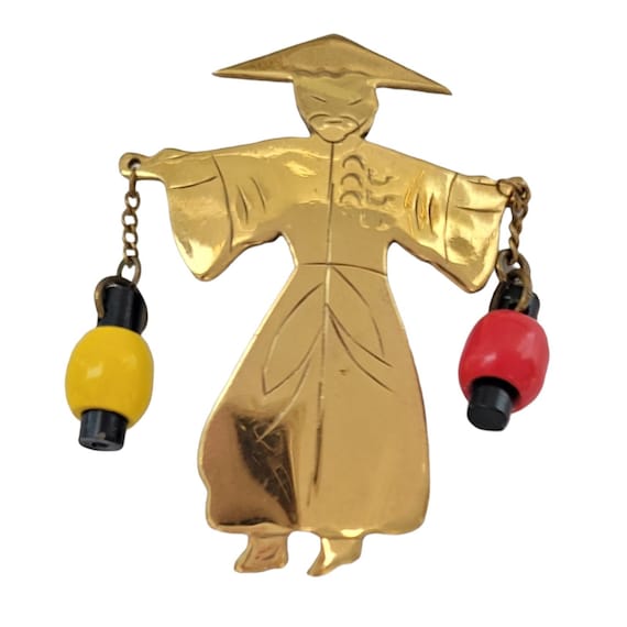 Gold Tone Brass Made in Brazil Asian Water Lantern Man Brooch Pin