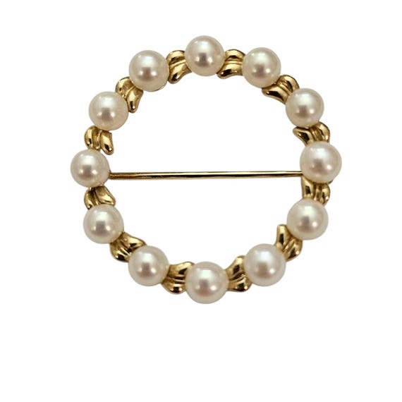14K Yellow Gold Brooch, Leaf, 12 Genuine Pearl Round Open Pin