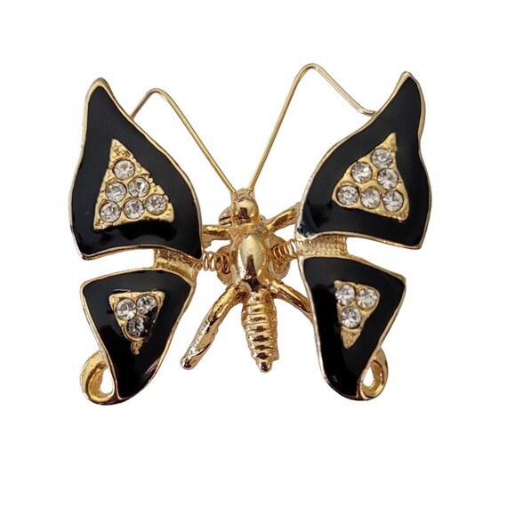 Gold Tone Clear Rhinestone Black Enamel Butterfly Trembler Brooch E652