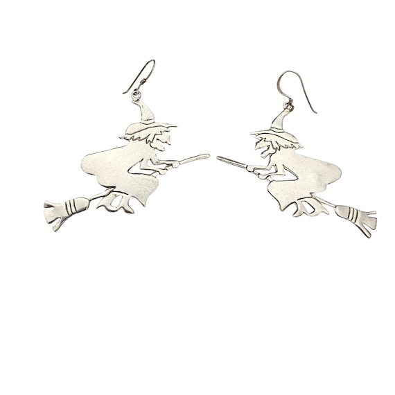 Sterling Silver 925 Witch On Broom Dangle Earrings, French Hook J892