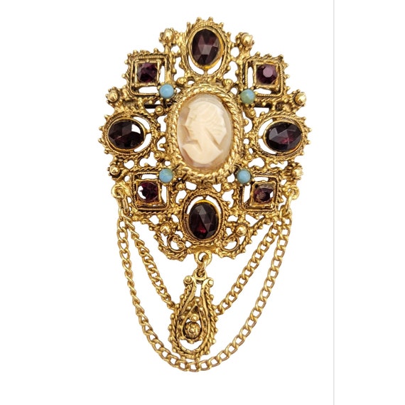 Florenza Gold Tone Shell Cameo Red Rhinestone Chain Dangle Brooch, Signed M817