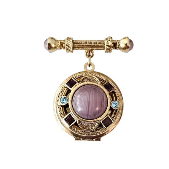 Gold Tone 1928 Brand Purple Art Glass Locket Glass Cab Square Rhinestone Brooch Pin