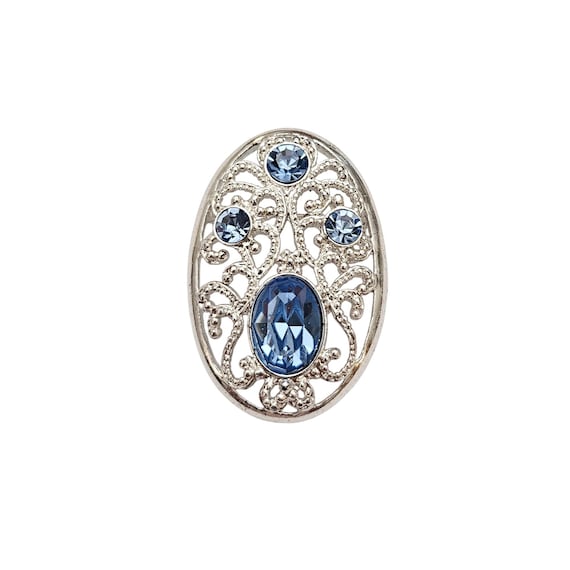 1928 Oval Filigree Blue Rhinestone Brooch Silver Tone Pin