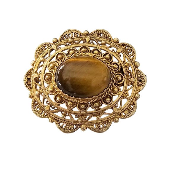 Israel 925 Gold Filigree Oval Brooch Tiger Eye Pin Signed J322