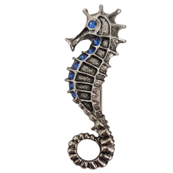 1928 Jewelry Silver Tone Blue Rhinestone Seahorse Brooch Pin, Signed