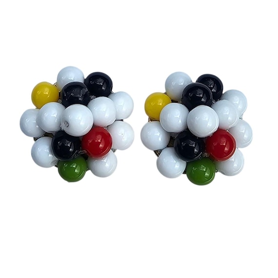 Liz Claiborne Lucite Bead Cluster Clip On Earrings Multicolor Round Dome, Signed