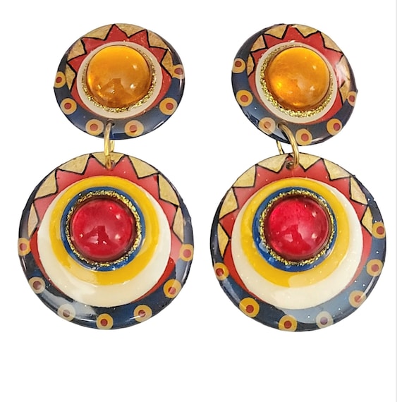 Signed DCZ Red Yellow Lucite Cab, Resin Blue Statement Disc Clip-On Earrings, M273