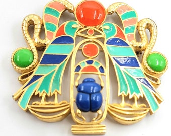 Hattie Carnegie Goldtone Egyptian Bird Snake Enameled Brooch Pendant, Signed