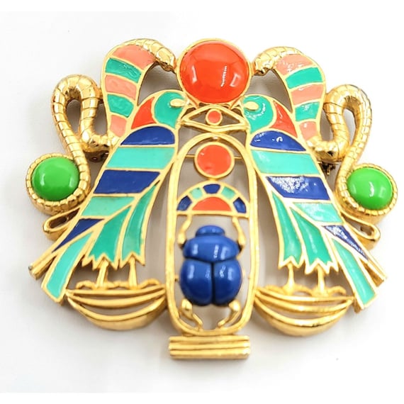Hattie Carnegie Goldtone Egyptian Bird Snake Enameled Brooch Pendant, Signed