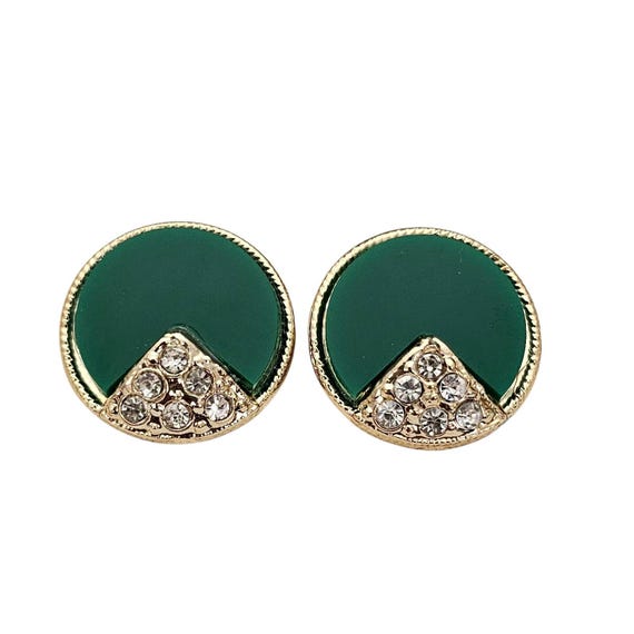 Gold Tone Clear Rhinestone Green Inlay Clip-On Earrings