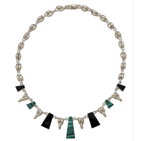 Sterling Silver 925 Mexico Malachite, Onyx Tongue Clasp Collar Style Necklace, K373