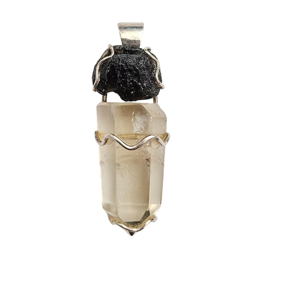 Sterling Silver Quartz Crystal, Tektite Caged Pendant C971