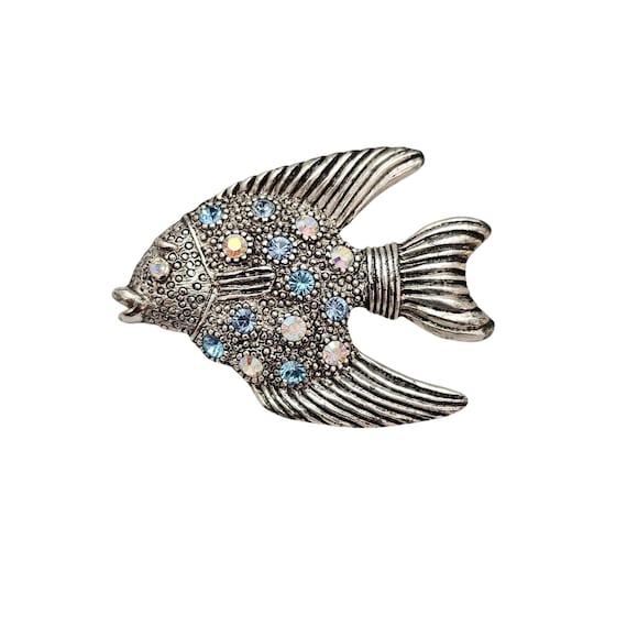 1928 Brand Blue, Pink AB Rhinestone Fish Brooch, Silver Tone Pin C862