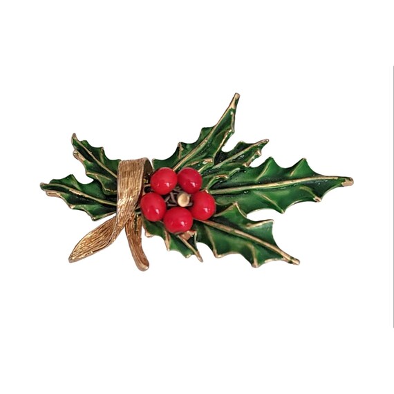 ART Arthur Pepper Green Enamel Red Beads Holly Berry Leaf Brooch, Signed K599