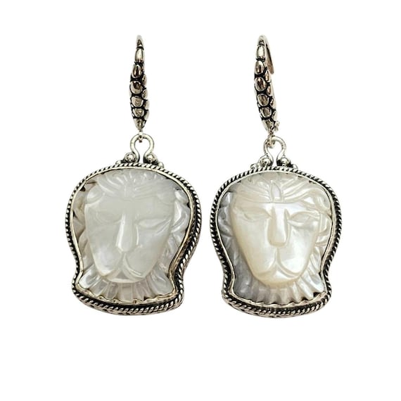 Sarda Sterling Silver Mother-of-Pearl Carved Lion Lever Back Earrings, Signed