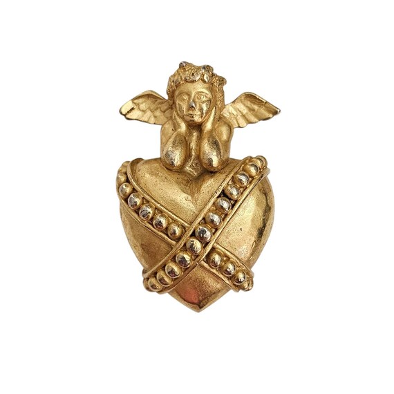 Carolee Cupid Heart Brooch, Matte Gold Tone Pin Signed, J62