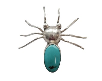 Sterling Silver Turquoise Spider Brooch Pin, Signed Rex