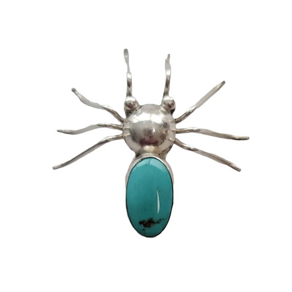Sterling Silver Turquoise Spider Brooch Pin, Signed Rex